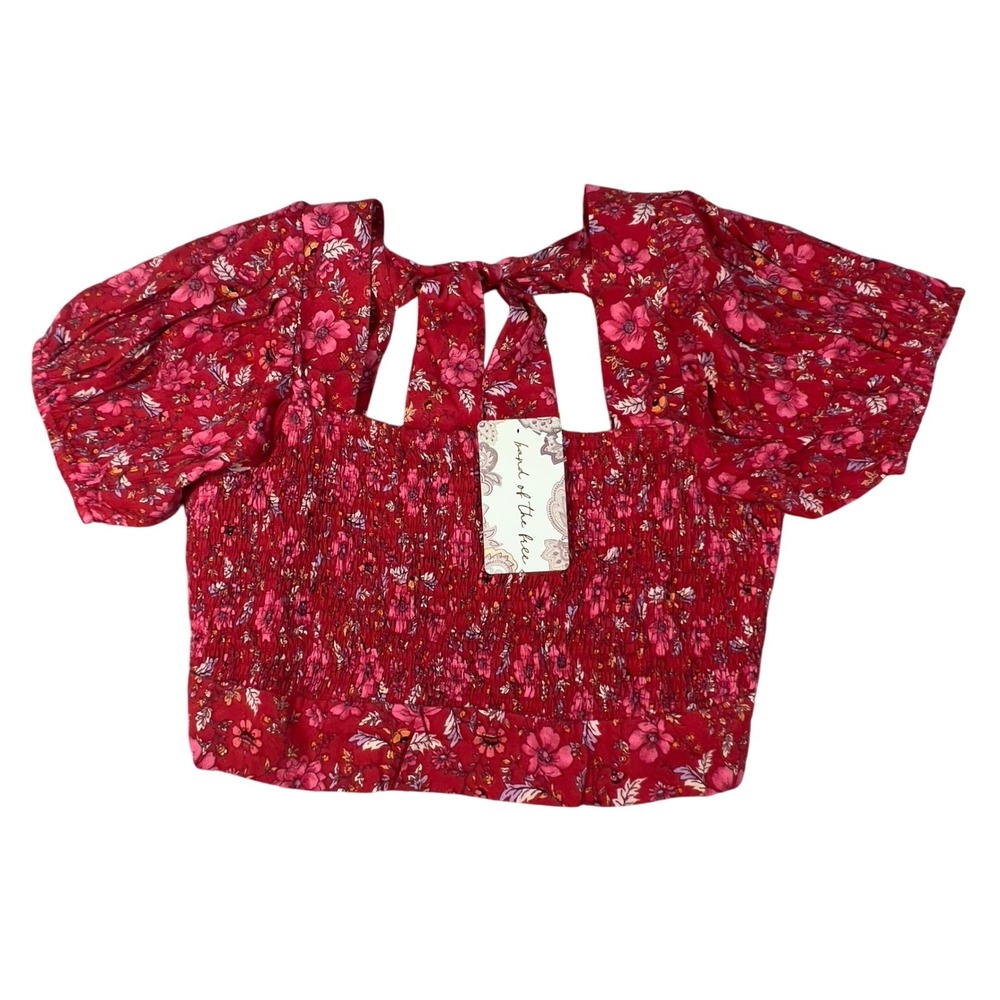 Band of the Free Joelle Crimson Pink Floral Smocked Crop Top Large Square Neck - Picture 6 of 9